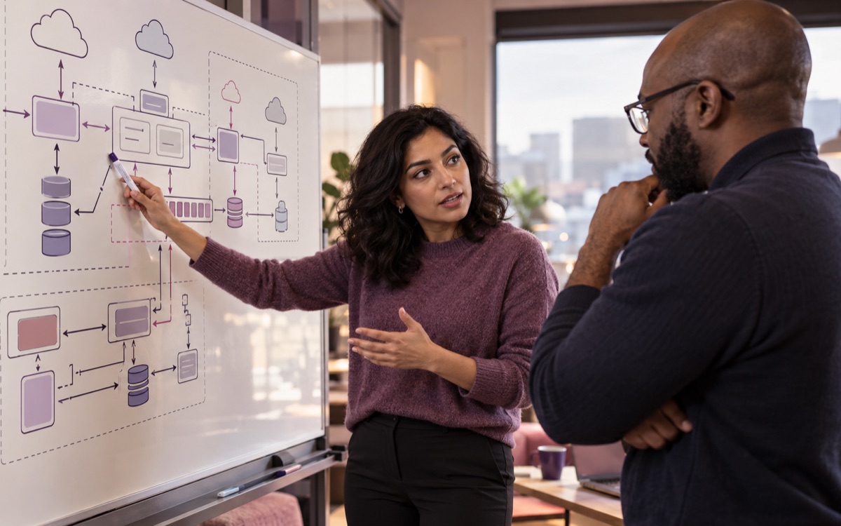 Architect and client engineer reviewing a service integration design